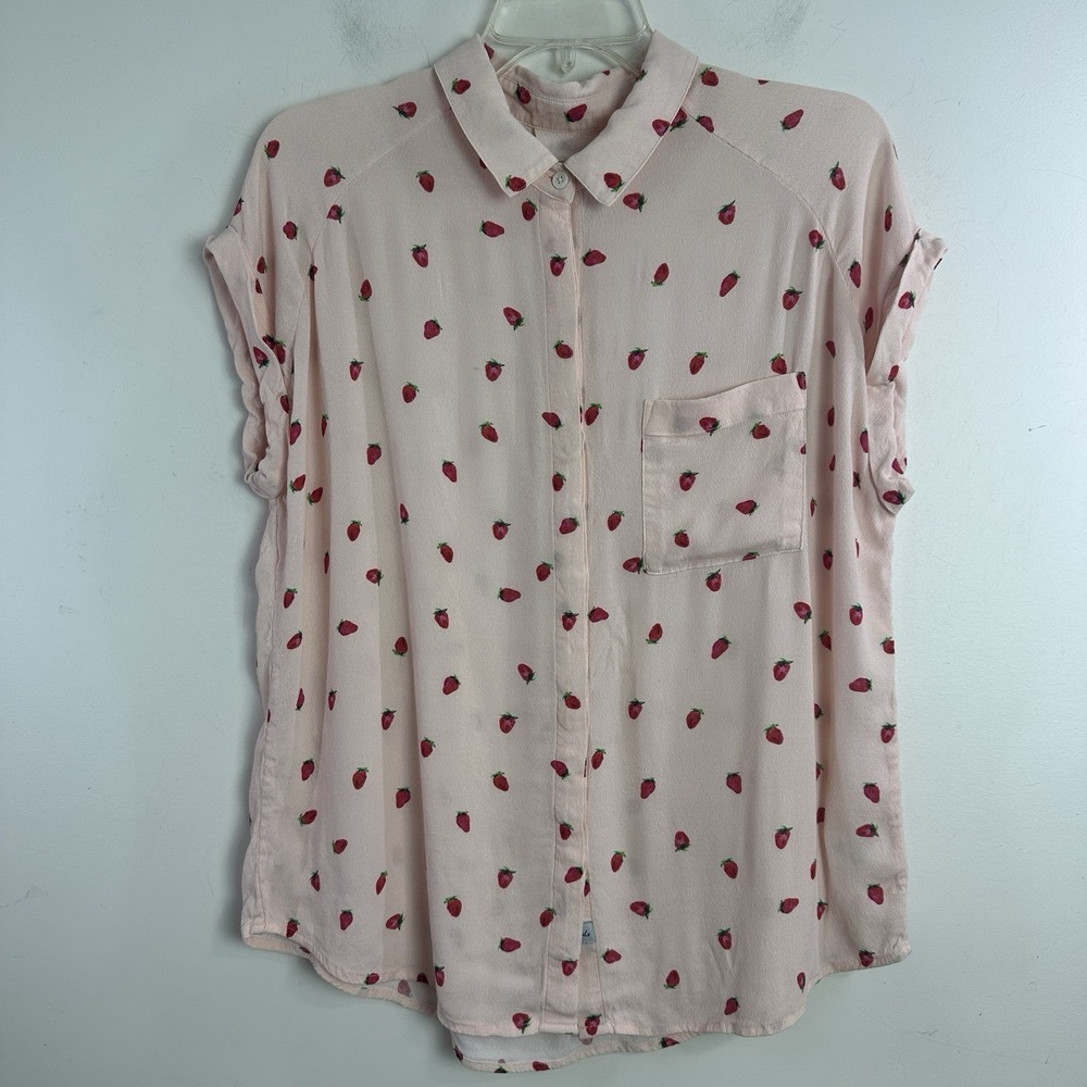 Rails Top Women L Pink Chase Strawberry Print Button Up Front Blouse AOP